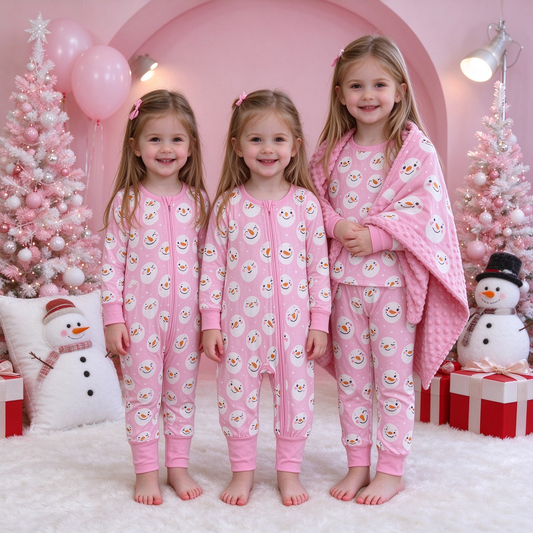 RTS NO MOQ Sibling milk silk Baby Girls Pink Snowman Print Long Sleeve Pajama Set Zipper Romper Blanket