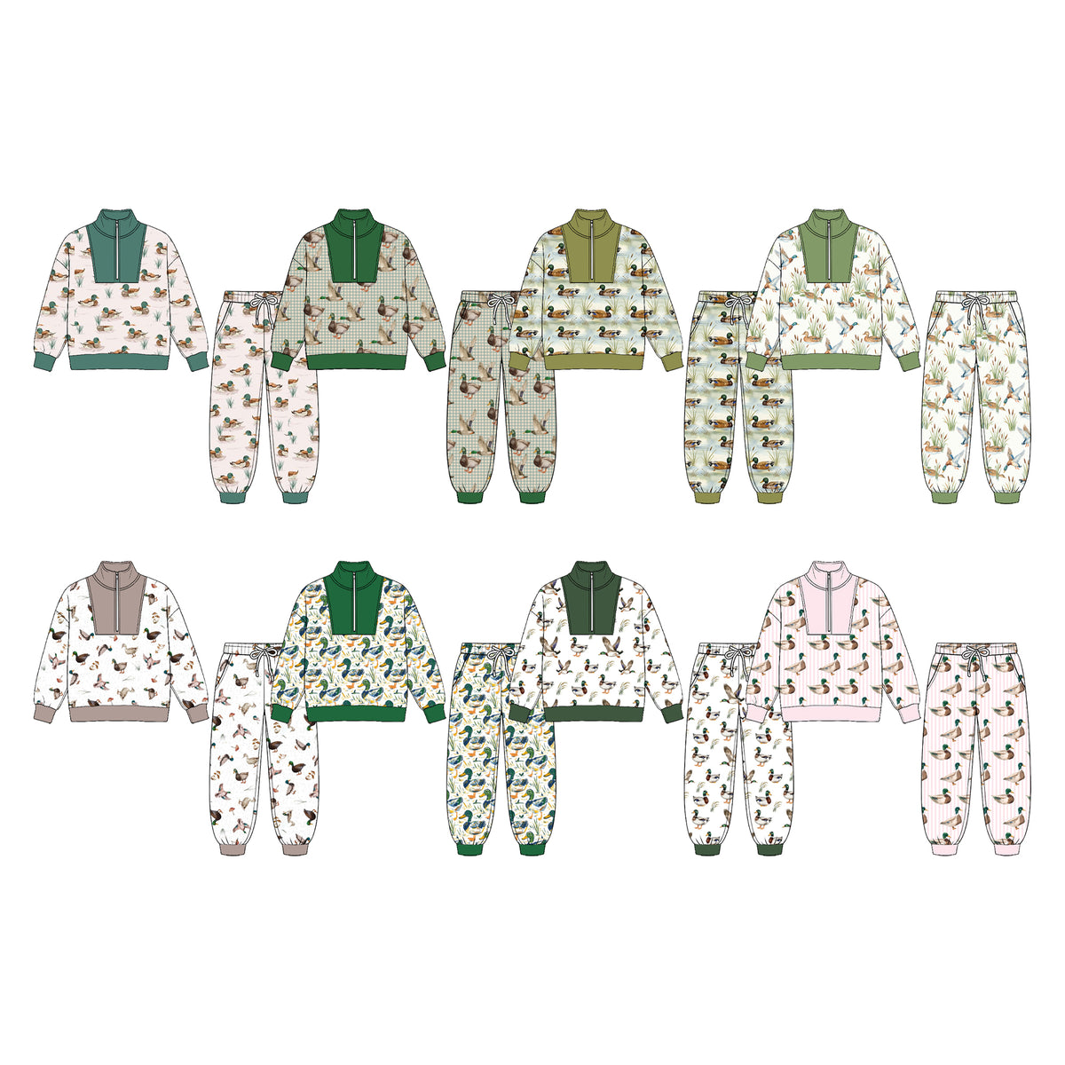 (Preorder new) No moq Baby Boys Ducks Plaid Zip Pullover Pockets Jogger Hunting Clothes Sets Fall Outfit