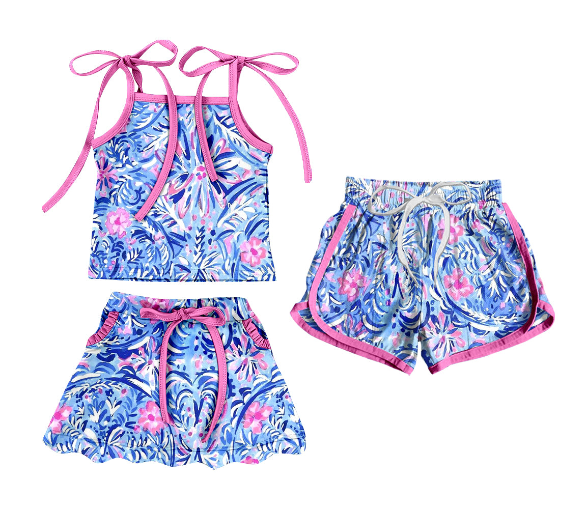 3.20 Custom moq 5 mix size Sibling Baby Girl's Strap Top And Skirt Set with Matching Drawstring Shorts Outfit