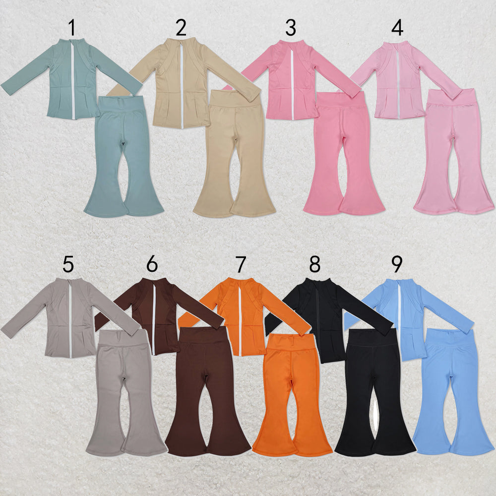 RTS NO MOQ Sibling yoga fabric cotton Baby Girl Solid Color Yoga Active Wear Jackets Pants Clothes Sets