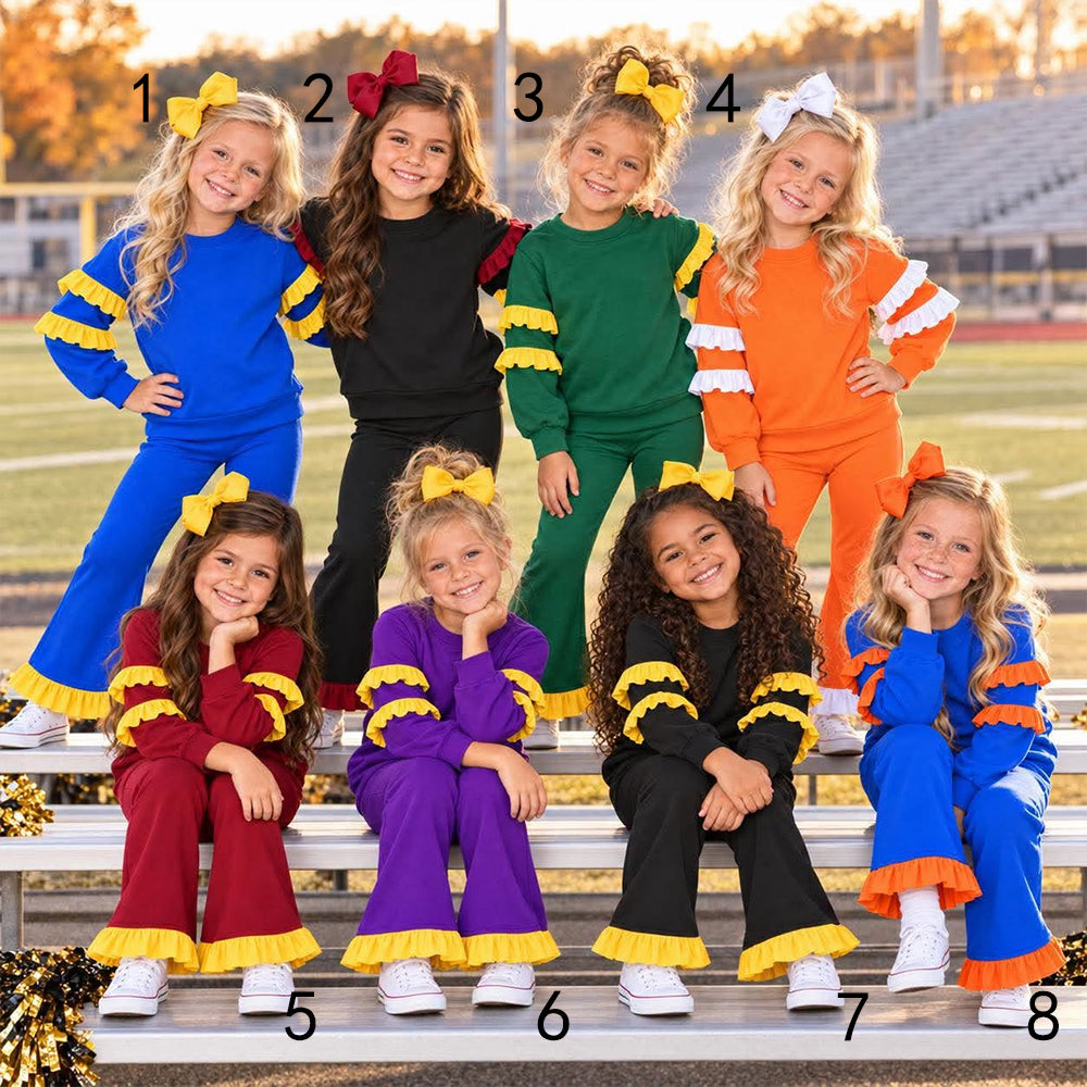 custom moq 5 mix size SETR0101 Baby Girls Color Block Ruffle Long Sleeve Top Flare Pants Set