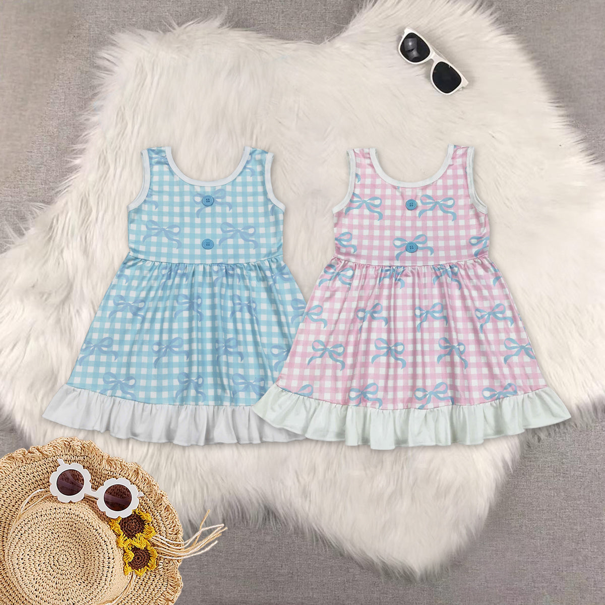 RTS NO MOQ Sibling baby girl clothes bow sleeveless dresses