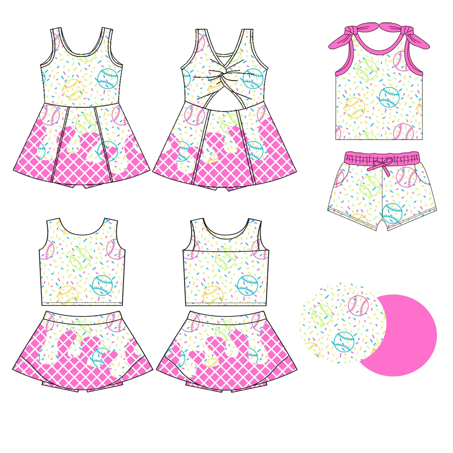 3.26 Custom moq 5 mix size Sibling Baby Girls Pink Drip Sprinkles Sleeveless Top And Shorts Set Sleeveless Top And Skirt Sets Dress Yoga Outfit