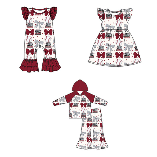 Custom moq 5 each style summer teams baby girls clothes team bow red long sleeve hooded pants sets and dress and romper-25.6.13