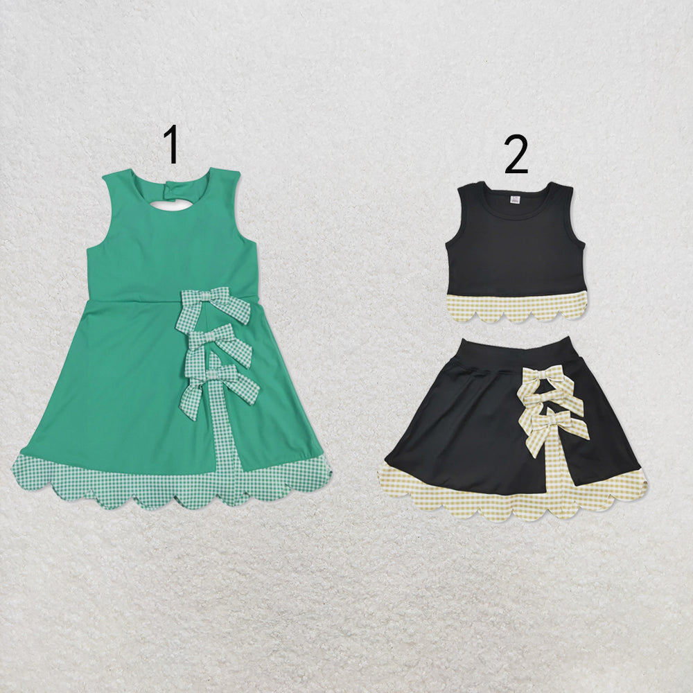 RTS NO MOQ Sibling yoga fabric Baby Girls Sleeveless Vest Top Bows Skirt Shorts Yoga Scallop Sets Scallop Knee Length Dresses