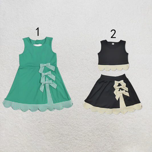 RTS NO MOQ Sibling yoga fabric Baby Girls Sleeveless Vest Top Bows Skirt Shorts Yoga Scallop Sets Scallop Knee Length Dresses