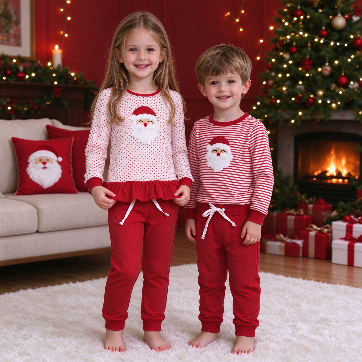 RTS NO MOQ Sibling baby girl clothes Christmas Santa Claus Striped Long Sleeve Suits