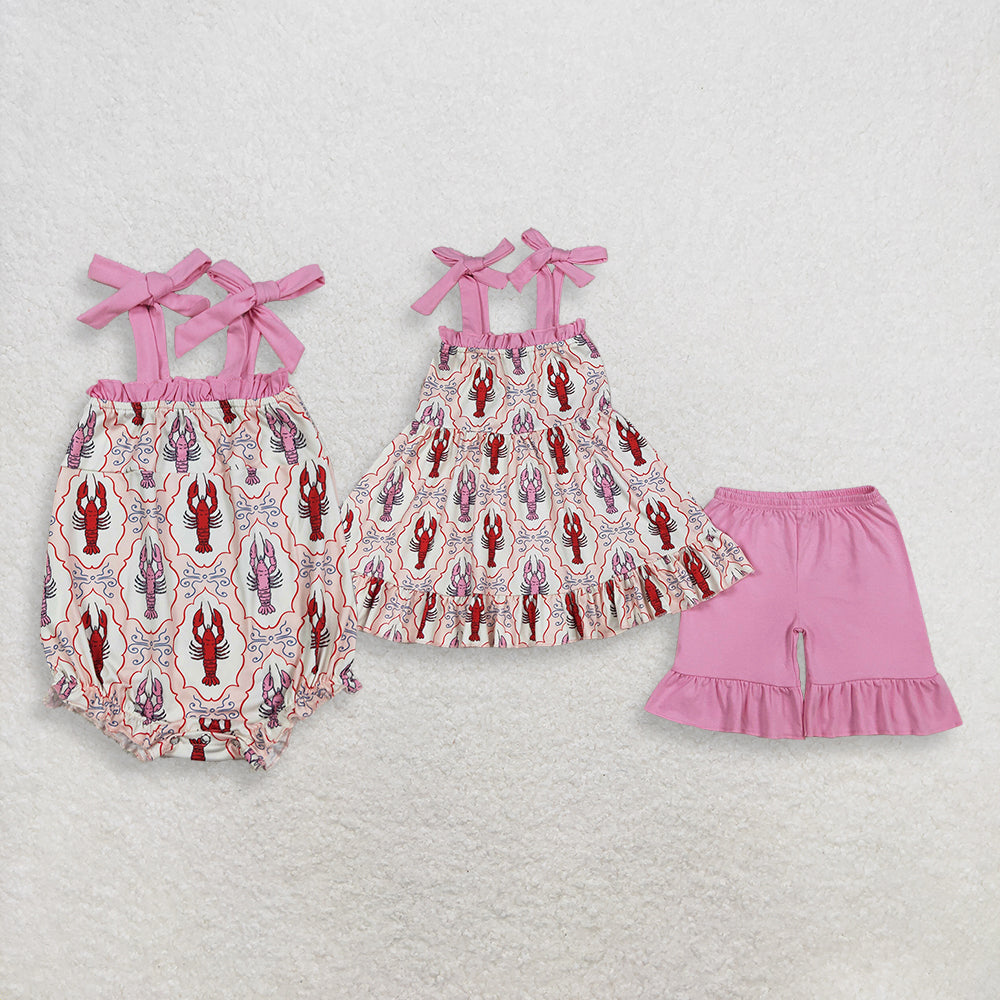 RTS NO MOQ Sibling Baby Girls Checked Strap Bows Crayfish Tunic Ruffle Shorts Outfit Set Infants Romper Outfit