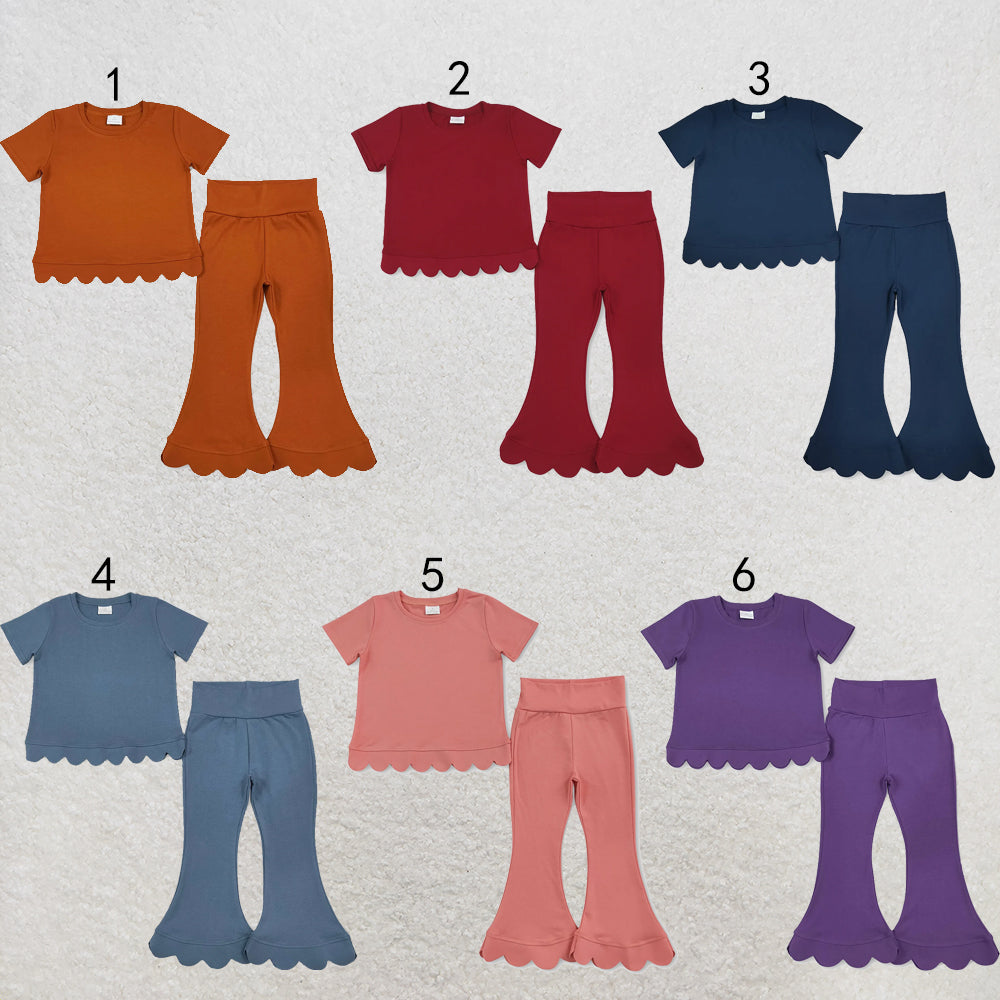 RTS NO MOQ Sibling cotton Baby Girls Solid Color Short Sleeve Shirts Top Bell Bottom Pant Scallop Clothes Sets Casual Outfit