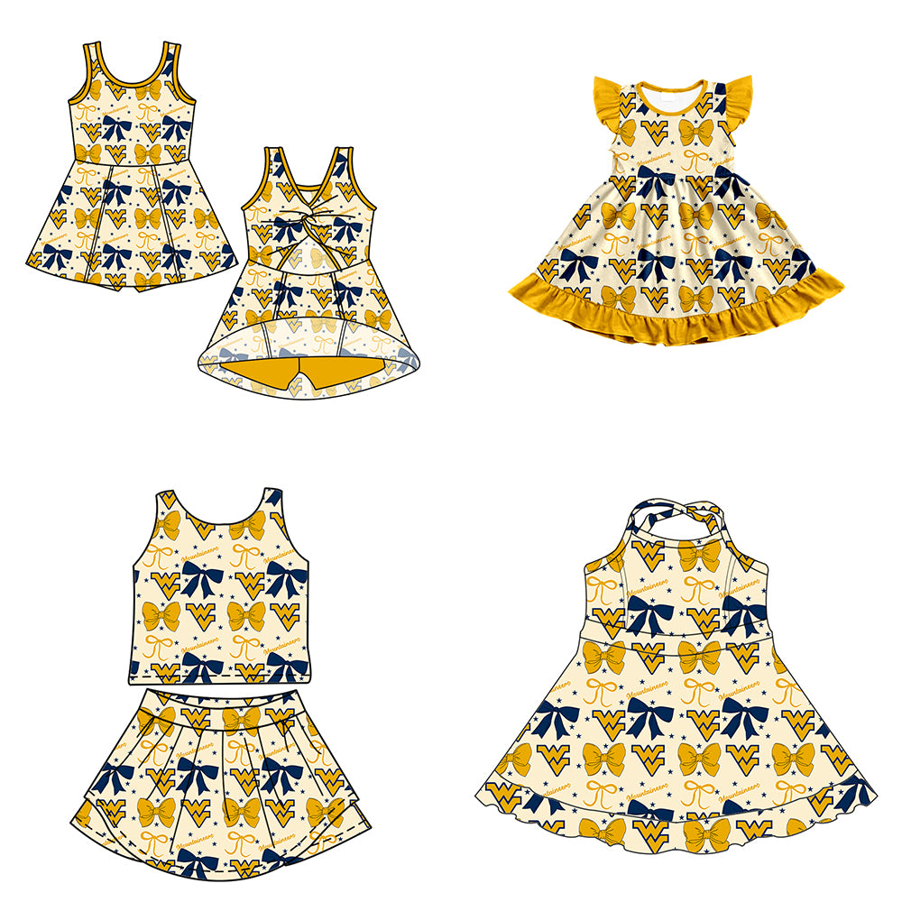 Custom moq 5 mix size milk silk summer teams baby girls clothes team bow yellow sleeveless skirts sets and dress 1 and dress 2 and dress 3-25.6.24