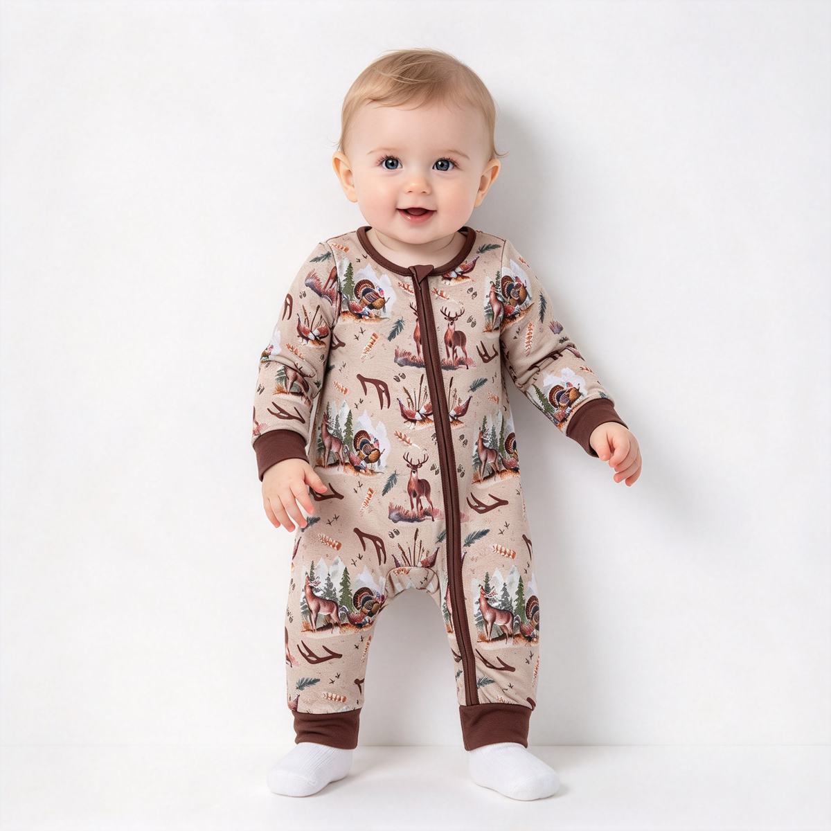 RTS NO MOQ Sibling milk silk Baby Boys Deer Print Zipper Romper And Short Sleeve Pajama Set