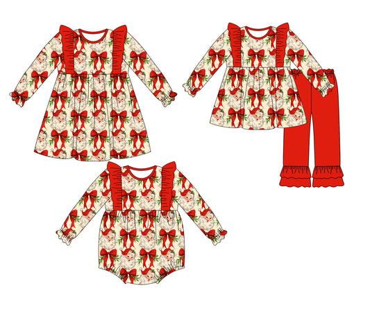 25.5.12 custom each style moq 5eta 4-6week Sibling Sisters Christmas bow baby girl long sleeve pants sets and dress and rompers match family design