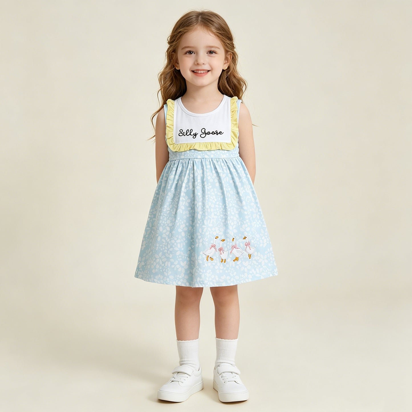 RTS NO MOQ milk silk GSD2970 Baby Girls Silly Goose And Flower Embroidery Sleeveless Knee Length Dresses