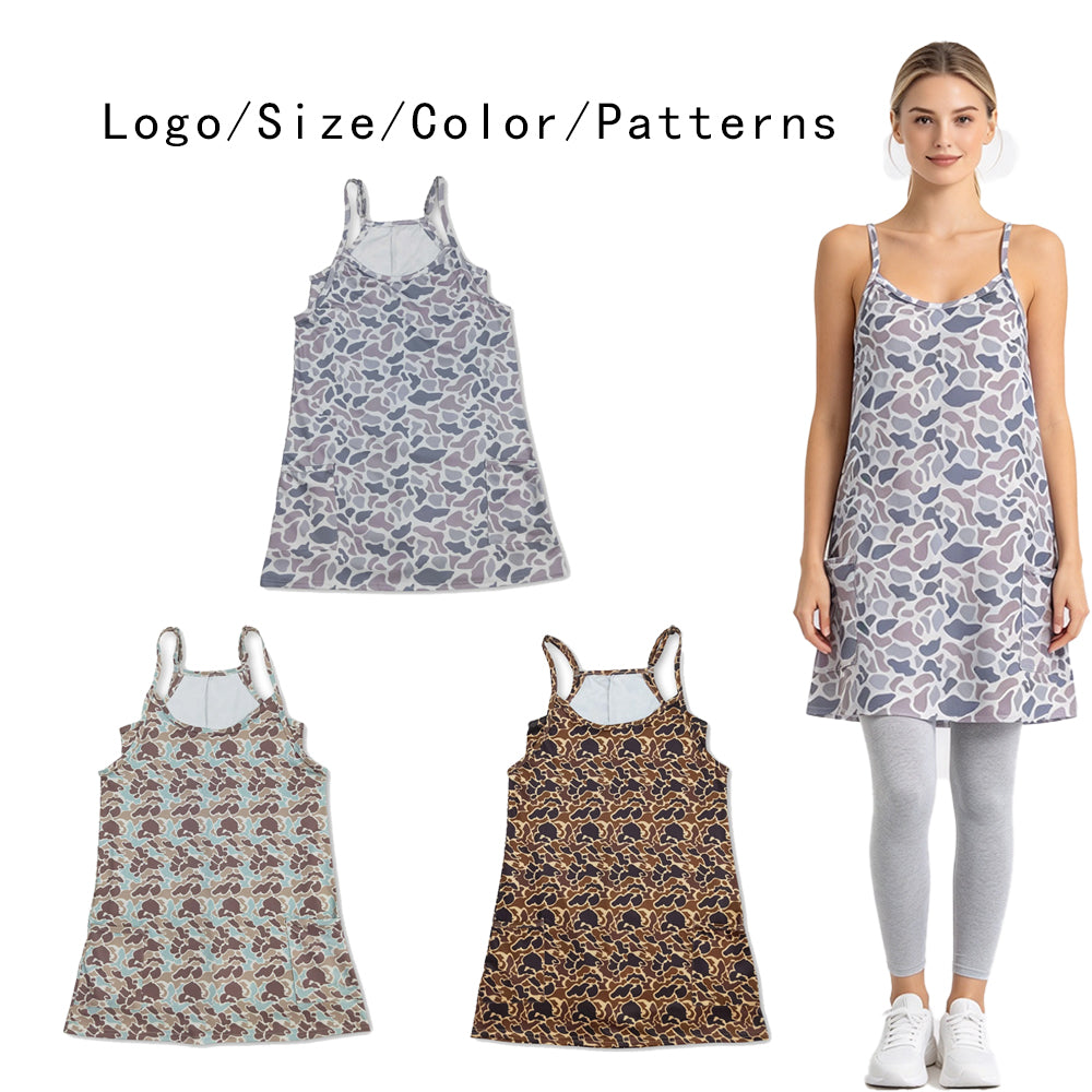 RTS NO MOQ Sibling yoga fabric Adult Women Camo Strap Yoga Dress Side Pockets Built In Shorts