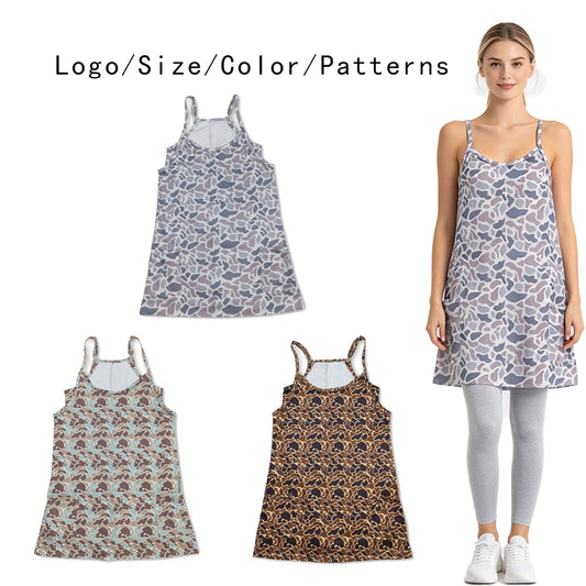 RTS NO MOQ Sibling yoga fabric Adult Women Camo Strap Yoga Dress Side Pockets Built In Shorts