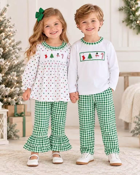 RTS NO MOQ Sibling Baby girls clothes embroidery Christmas long-sleeved trousers suits