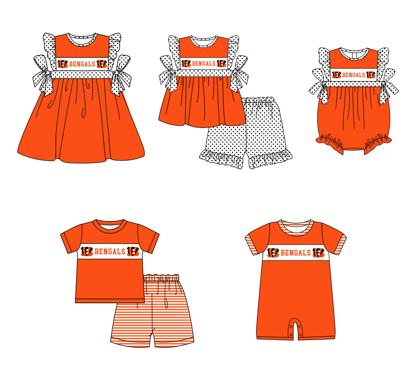 Custom moq 5 mix size milk silk summer teams baby girl boys clothes Orange-red short sleeve shorts sets 2  and dress and rompers 2 series