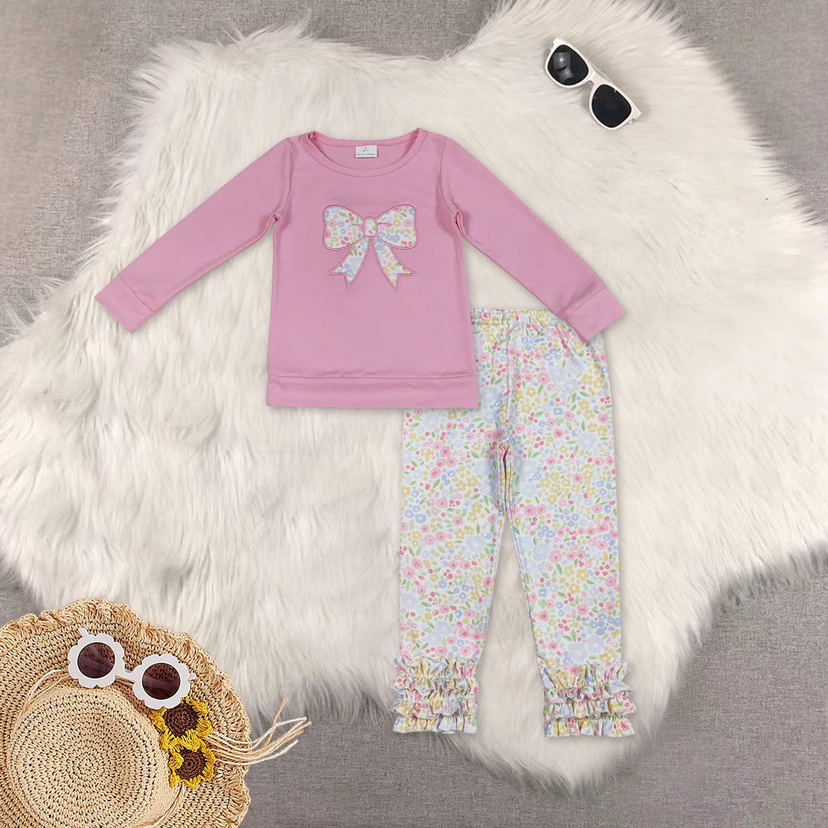 RTS NO MOQ baby girl clothes embroidery floral long sleeve pants sets