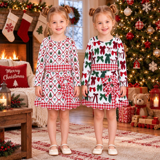 RTS NO MOQ Sibling yoga fabric Baby Girls Christmas Print Long Sleeve Top And Scallop Skirt Yoga Outfit