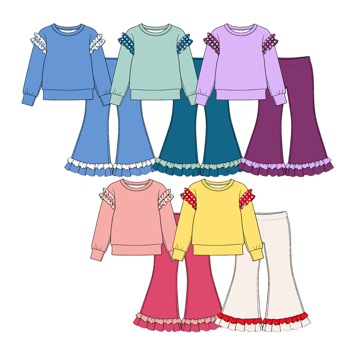 (Preorder new) No moq Baby Girls Crew Neck Solid color Ruffle Shoulder Long Sleeve Top