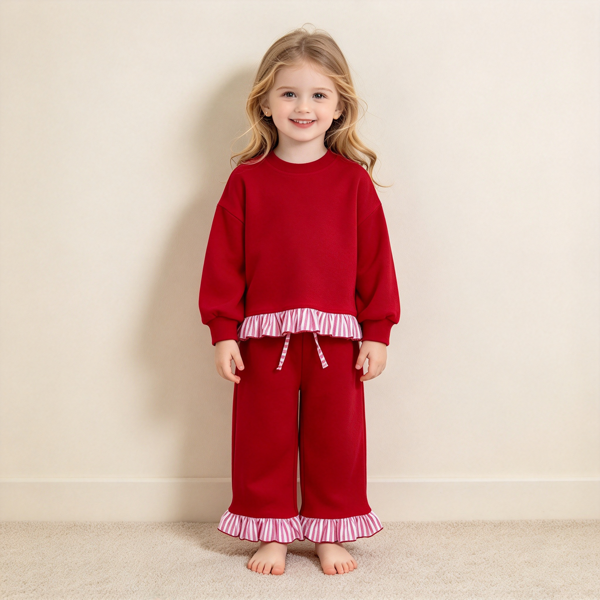 NEW RTS NO MOQ fleece GLP3648 Sweatshirt Material Kids Girls Red Long Sleeve Top Pockets Pants Sweatshirt Outfit