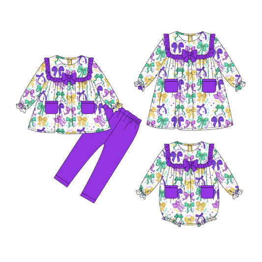 25.10.2 custom each style moq 8 eta 6-8week Sibling Sisters mardi gras bow baby girl long sleeve pants sets and dress and rompers match family design