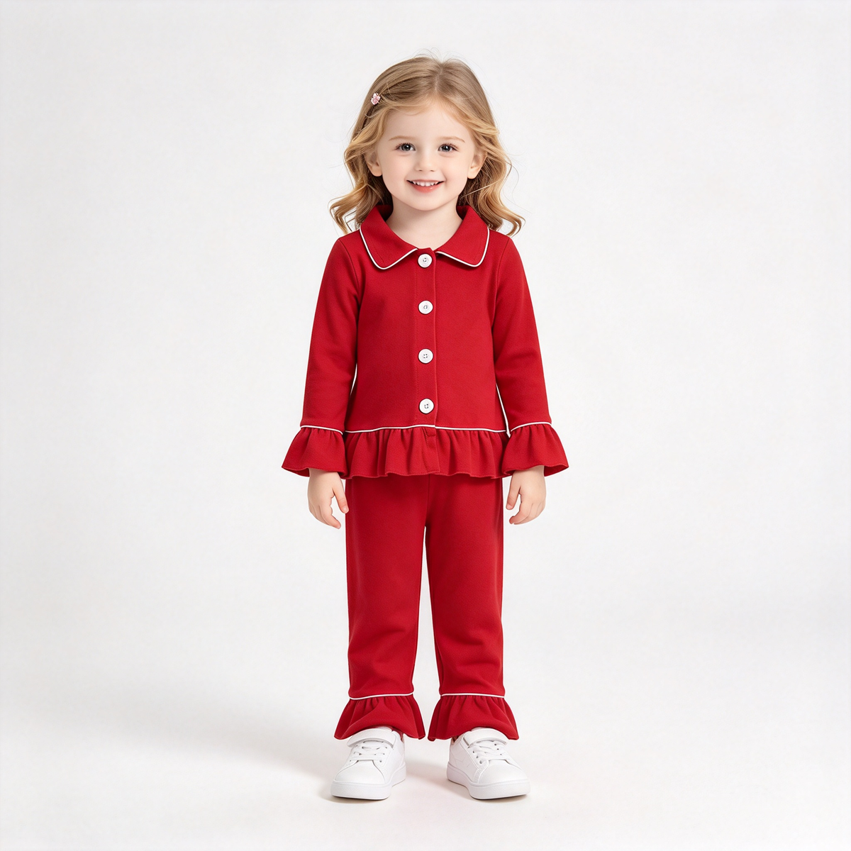 RTS NO MOQ Sibling cotton Boys And Girls Christmas Red Christmas Pajama Set Ruffle Hem Top And Bell Bottom Pants Outfit