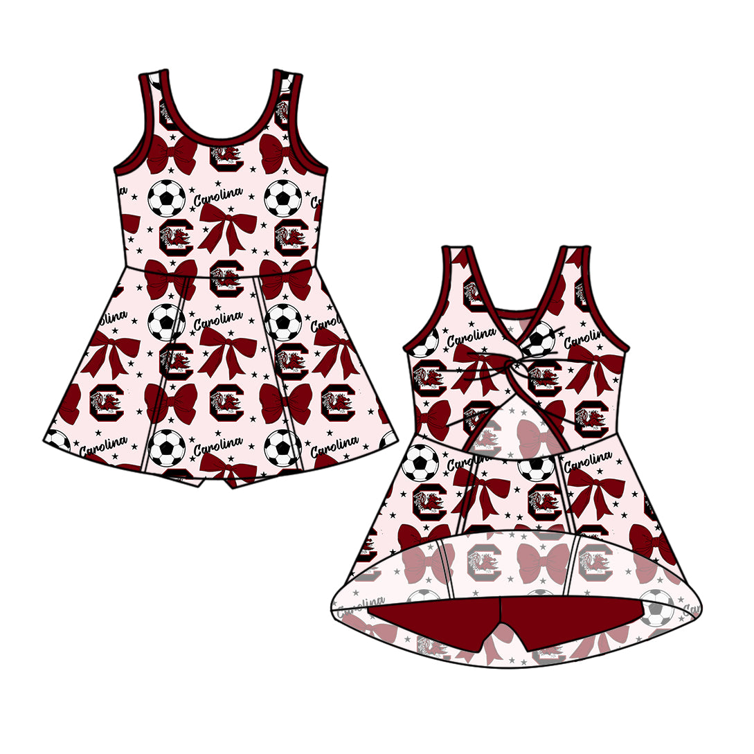 Custom moq 5 each style summer teams baby girls clothes team bow brick red long sleeve hooded pants sets and dress 1 and dress 2 and romper-25.6.14