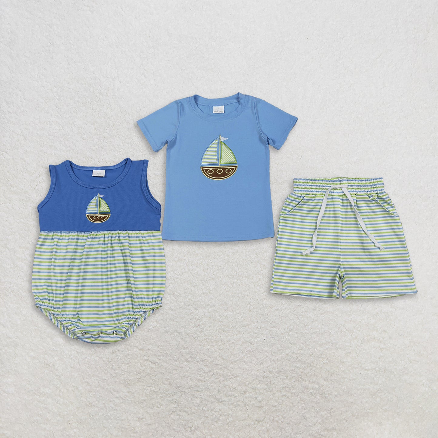 RTS NO MOQ milk silk Sibling Baby Boys Embroidery Boats Blue Shirts Top Stripe Pockets Shorts Clothes Sets Sleeveless Stripe Rompers