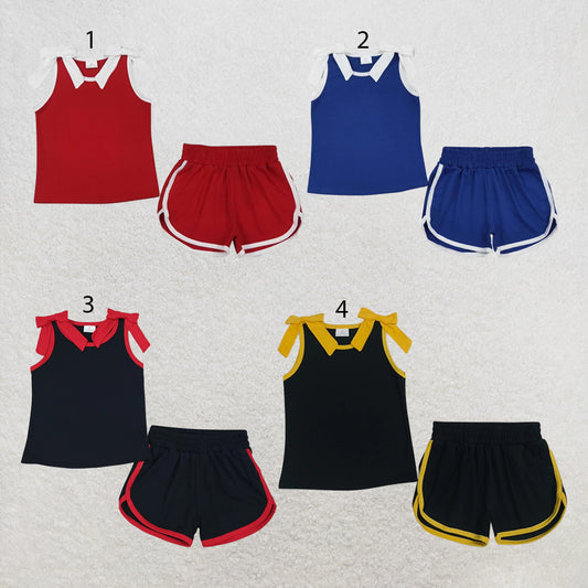 RTS NO MOQ Sibling cotton Baby Girls Bow Solid Sleeveless Top Matching Shorts Daily Clothes Set