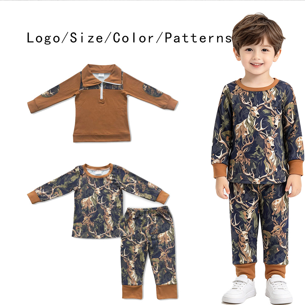 RTS NO MOQ Sibling milk silk Baby Boys Deer Camo Print Long Sleeve Top And Pant Set Half Zip Collar Shirt