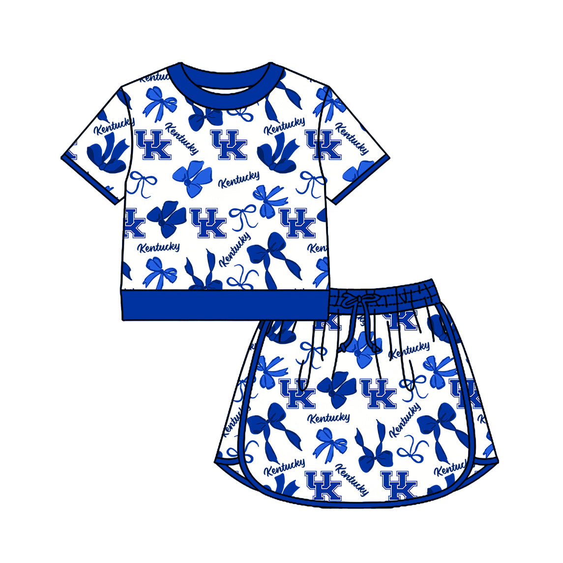 Custom moq 5 mix size summer teams Girls Polka Dot Top Shorts Set Blue Bows Top Skirt Short Set Zipper Pullover Pants Set