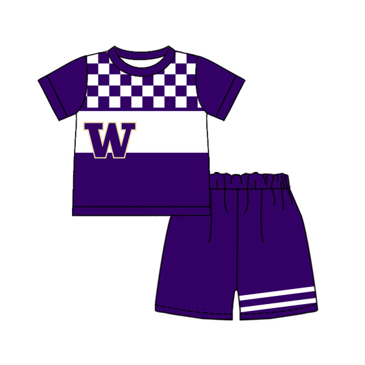 Custom moq 5 mix size milk silk summer teams Baby Boys Cute Purple Plaid Short Sleeve Top Shorts Set