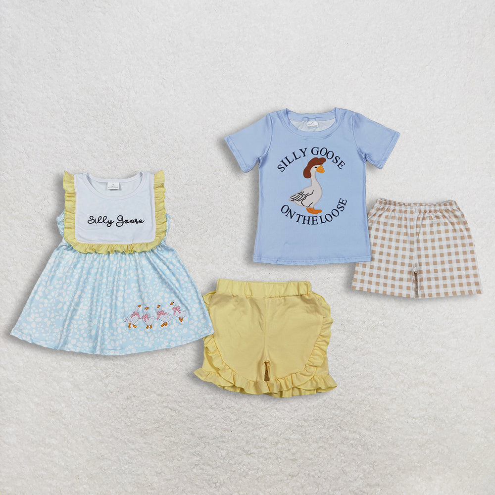 RTS NO MOQ Sibling Embroidery Silly Gooses Baby Girls Floral Tunic Set with Ruffle Shorts Baby Boys Outfit
