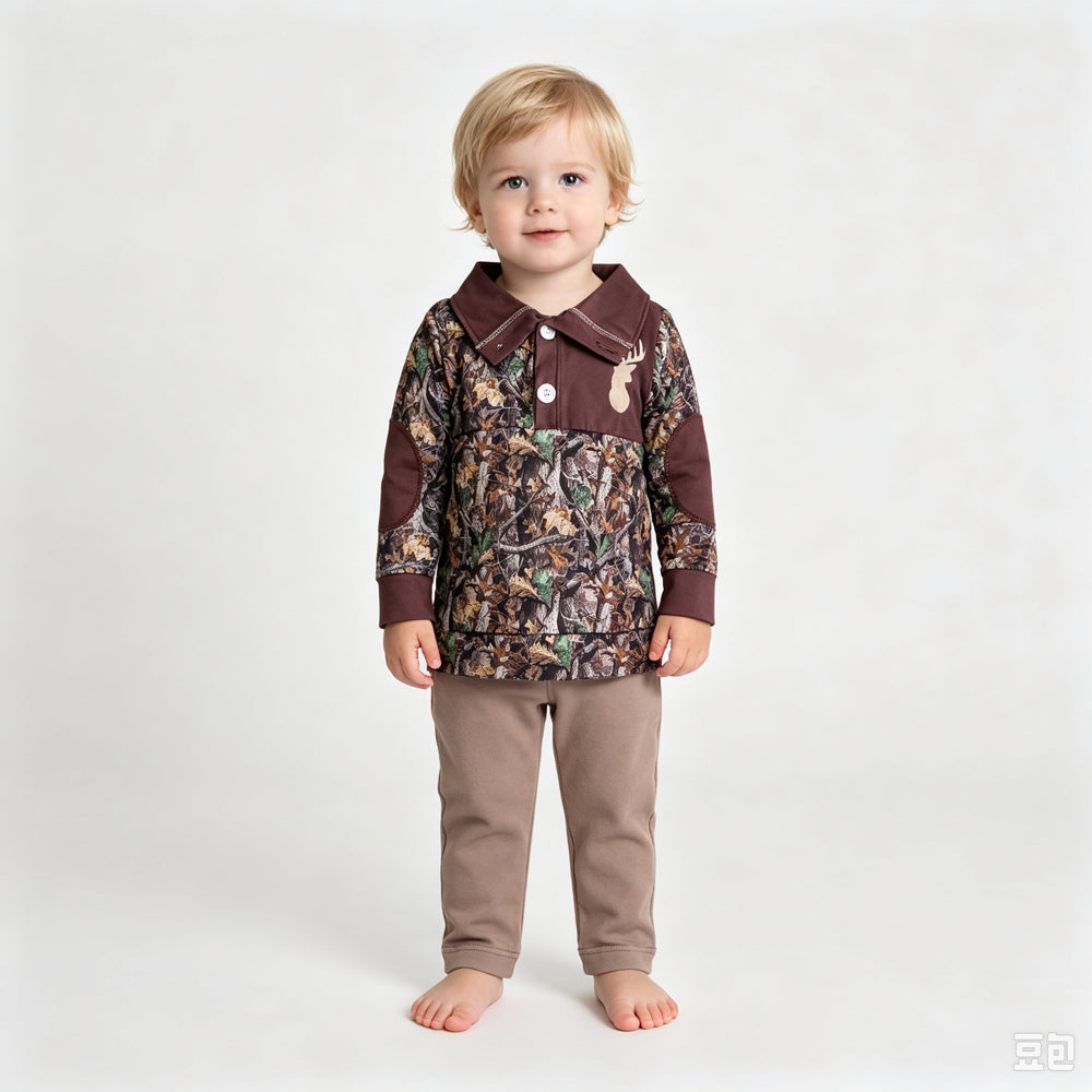 RTS NO MOQ Sibling milk silk Baby Boys Camo Deer Print Long Sleeve Collared Shirt
