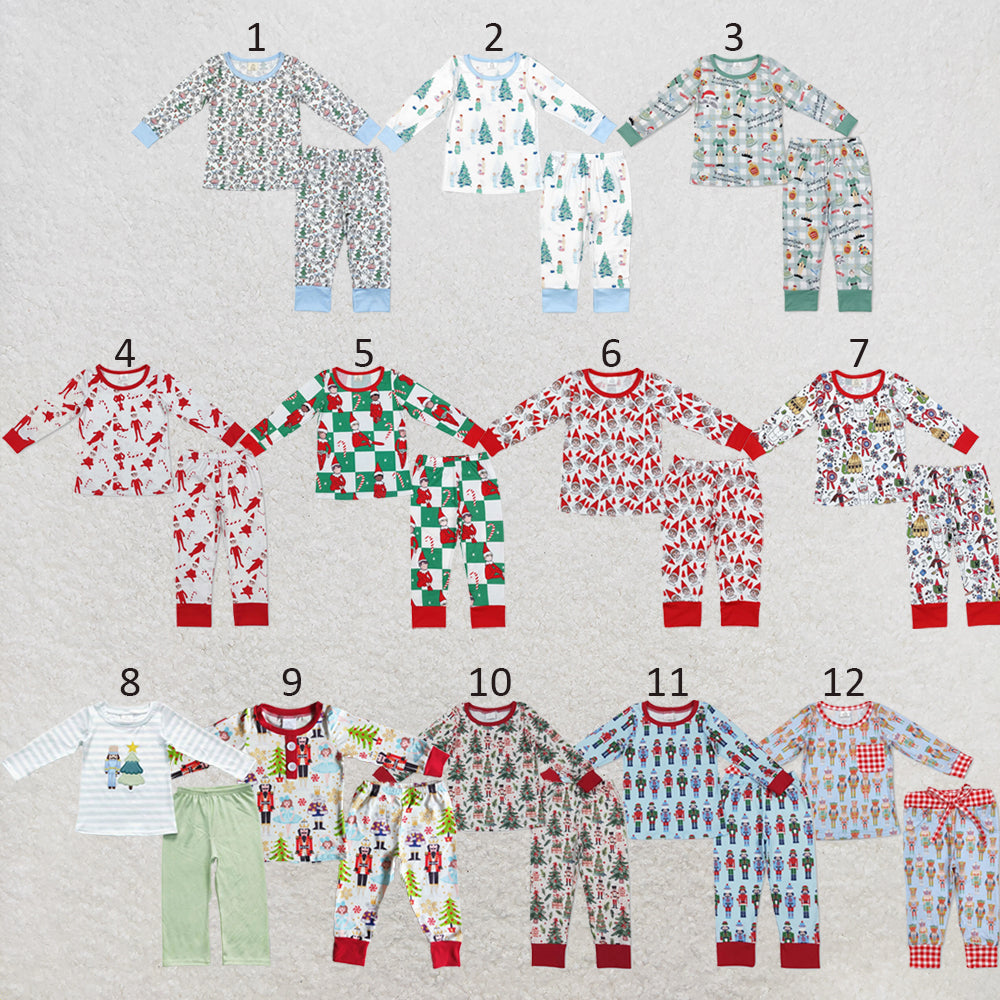 RTS NO MOQ Sibling milk silk Cute Clothes Baby Boys Cute Christmas Print Long Sleeve Top Elastic Waist Pants Two Piece Holiday Pajamas Sets