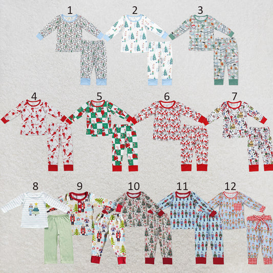 RTS NO MOQ Sibling milk silk Cute Clothes Baby Boys Cute Christmas Print Long Sleeve Top Elastic Waist Pants Two Piece Holiday Pajamas Sets