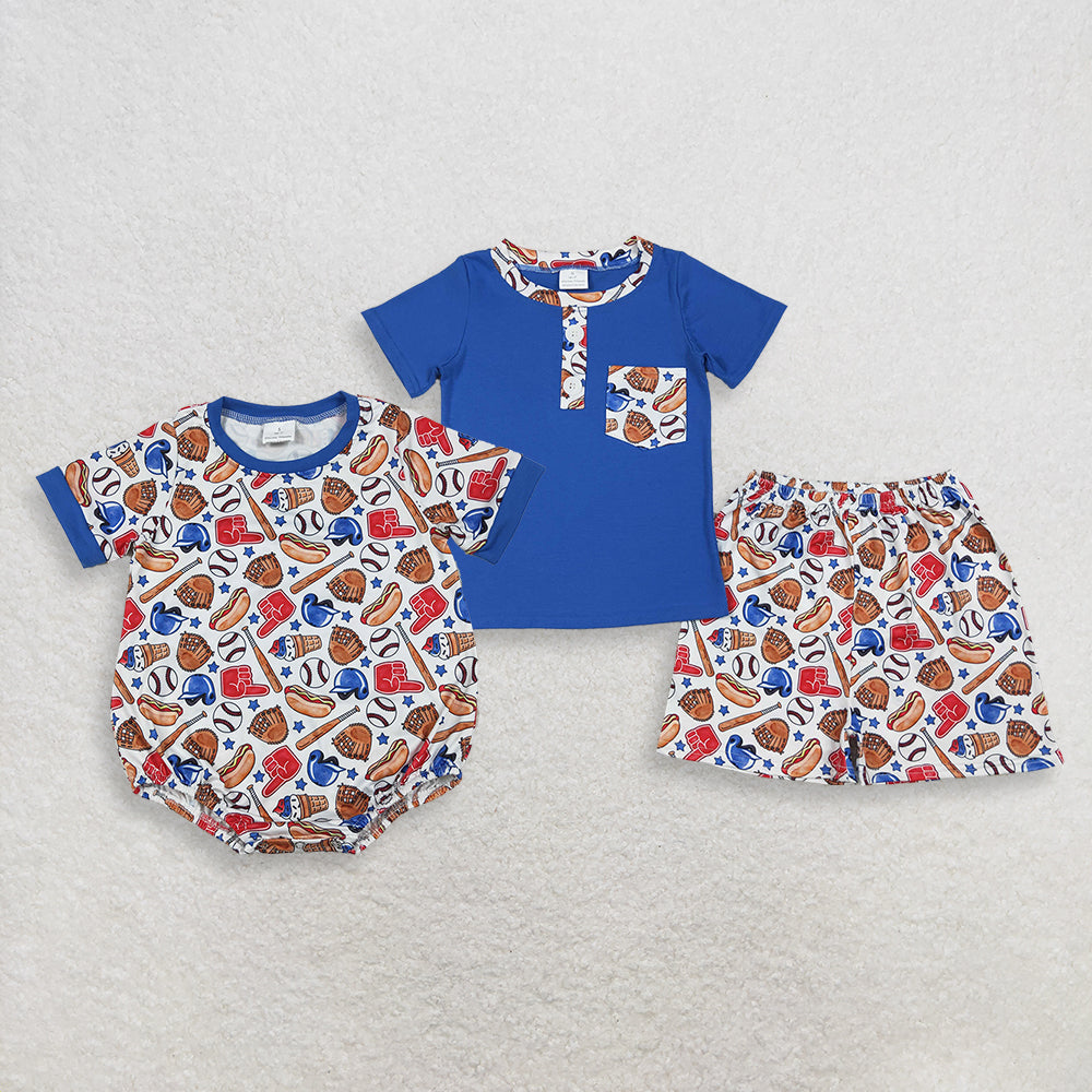 RTS NO MOQ Sibling Baby Boys Team Baseball Shirt with Button Pocket Short Sleeve Top And Shorts Outfit Set Baby Boys Stars Team Rompers Set