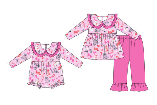 25.6.27 custom each style moq 5eta 4-6week Sibling Sisters Christmas pink baby girl long sleeve pants sets and rompers match family design