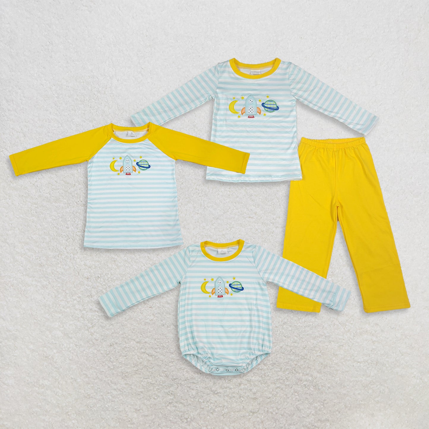 RTS NO MOQ Sibling milk silk Embroidery Moon Baby Boys Long Sleeve Blue Stripe Top Pant Clothes Sets Romper
