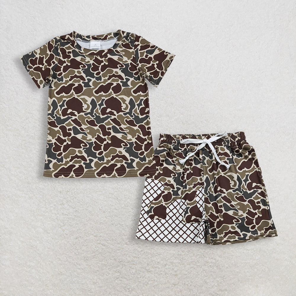 RTS NO MOQ BT1648+SS0650 Baby Boys Camouflage Short Sleeve Shirt Brown Camo Drip Team Shorts Bottom Set