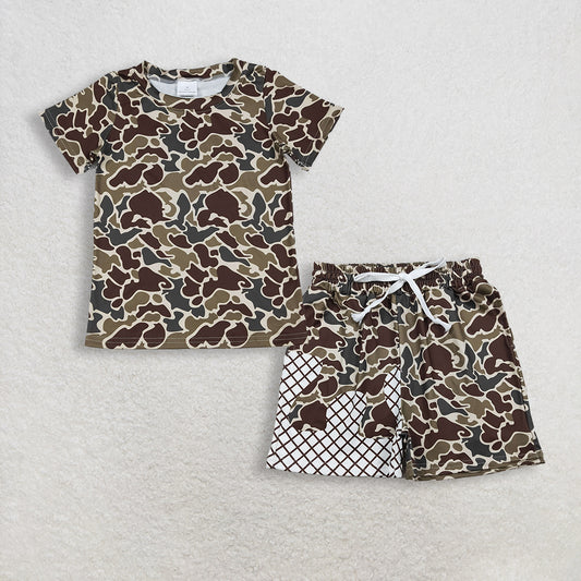 RTS NO MOQ BT1648+SS0650 Baby Boys Camouflage Short Sleeve Shirt Brown Camo Drip Team Shorts Bottom Set