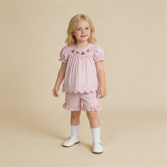 RTS NO MOQ milk silk GSSO3239 Baby Girls Watermelon Embroidery Pink Stripe Scallop Ruffle Short Outfit Sets
