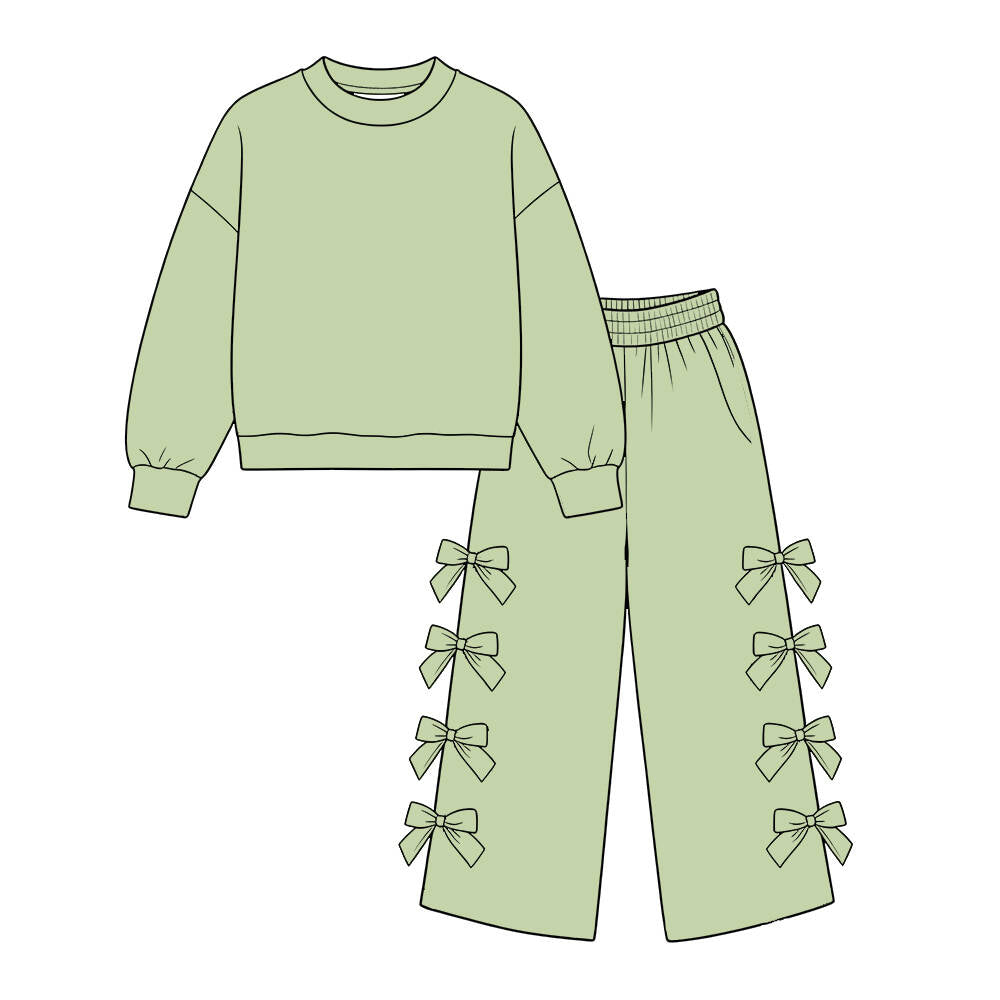 custom moq 5 mix size Baby Girls Solid Green Long Sleeve Sweatshirt And Bow Wide Leg Trouser Set