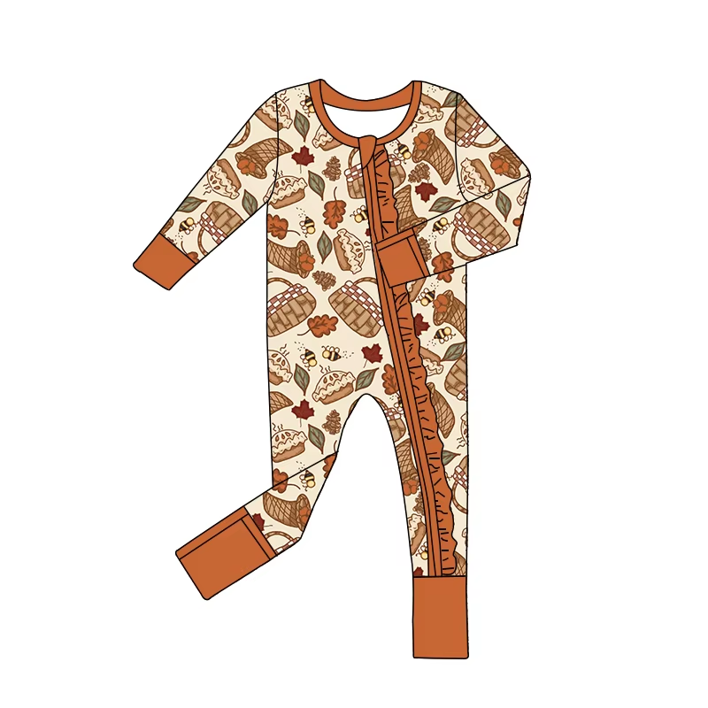Custom moq 3 eta 6-8 weeks  Autumn leaves dessert brown and orange long stockings romper
