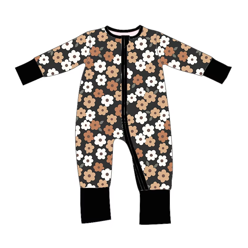 Custom moq 3 eta 6-8 weeks Black long-sleeved zip-up romper with floral pattern