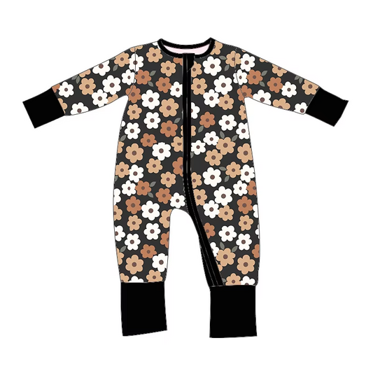 Custom moq 3 eta 6-8 weeks Black long-sleeved zip-up romper with floral pattern