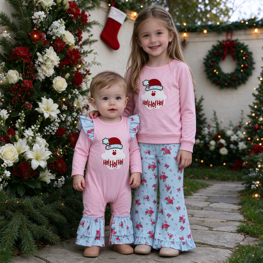 RTS NO MOQ Sibling milk silk Baby Girls Pink Santa Christmas Long-Sleeved Top And Blue Floral Ruffle Flare Pants Outfit Romper