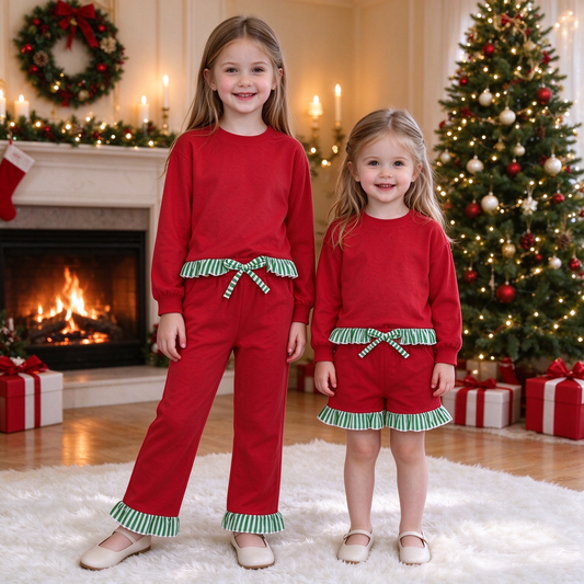 RTS NO MOQ Sibling cotton Baby Girls Christmas Red Long Sleeve Top Green White Stripe Ruffle Bow Shorts Pant Clothes Set