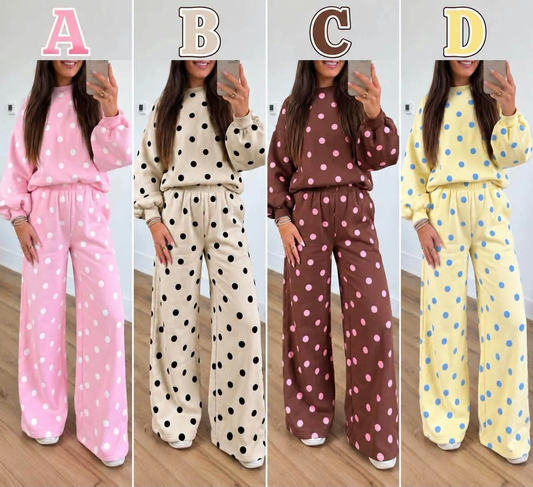 custom moq 5 mix size MYMSWN0105 Adult Polka Dot Long Sleeve Crewneck Top And Wide Leg Pants Set